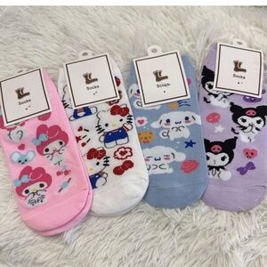 Sanrio Cute Character Ankle Socks - Pink, White, Blue, Lavender set of 4